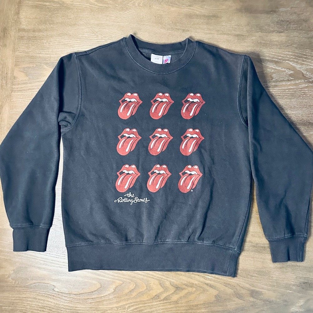 H&M Rolling‎ Stones Logo Sweatshirt Pullover Long Sleeve Graphic Print Black XS